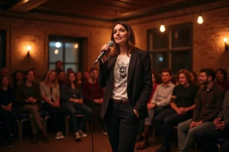 Humoriste française sur scène dans un club de comédie parisien, micro vintage en main, expression sarcastique pendant un spectacle d'humour politique