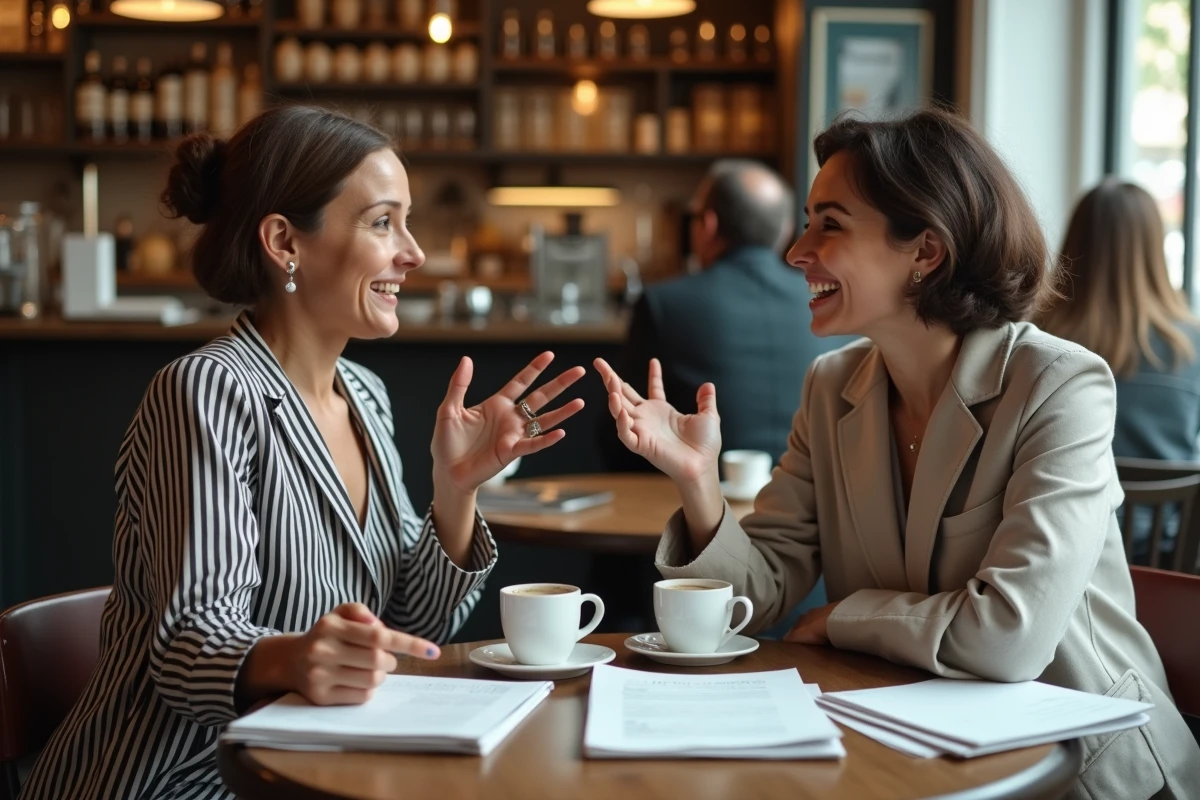 Deux humoristes françaises en pleine collaboration créative dans une brasserie parisienne, entourées de notes et de scripts pour leurs spectacles d'humour politique
