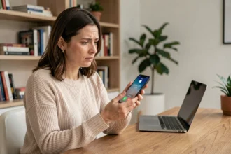 Femme tenant un smartphone affichant un numéro de téléphone inconnu et suspect, hésitant à répondre à l'appel