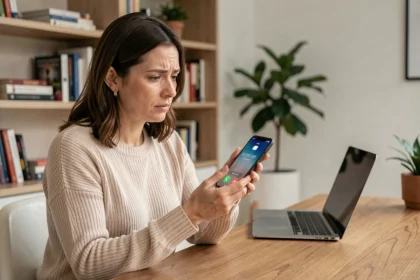 Femme tenant un smartphone affichant un numéro de téléphone inconnu et suspect, hésitant à répondre à l'appel