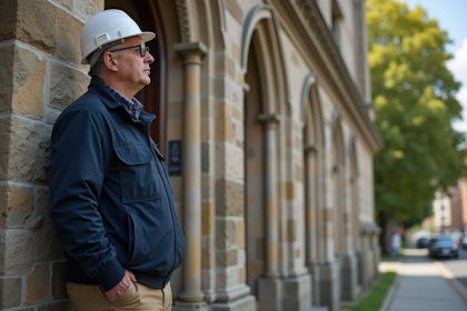Inspecteur en extérieur examinant une ancienne eglise en pierre