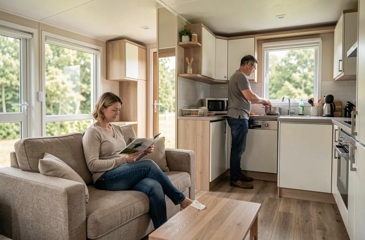Intérieur confortable et moderne d'un mobil-home familial avec salon et cuisine ouverts