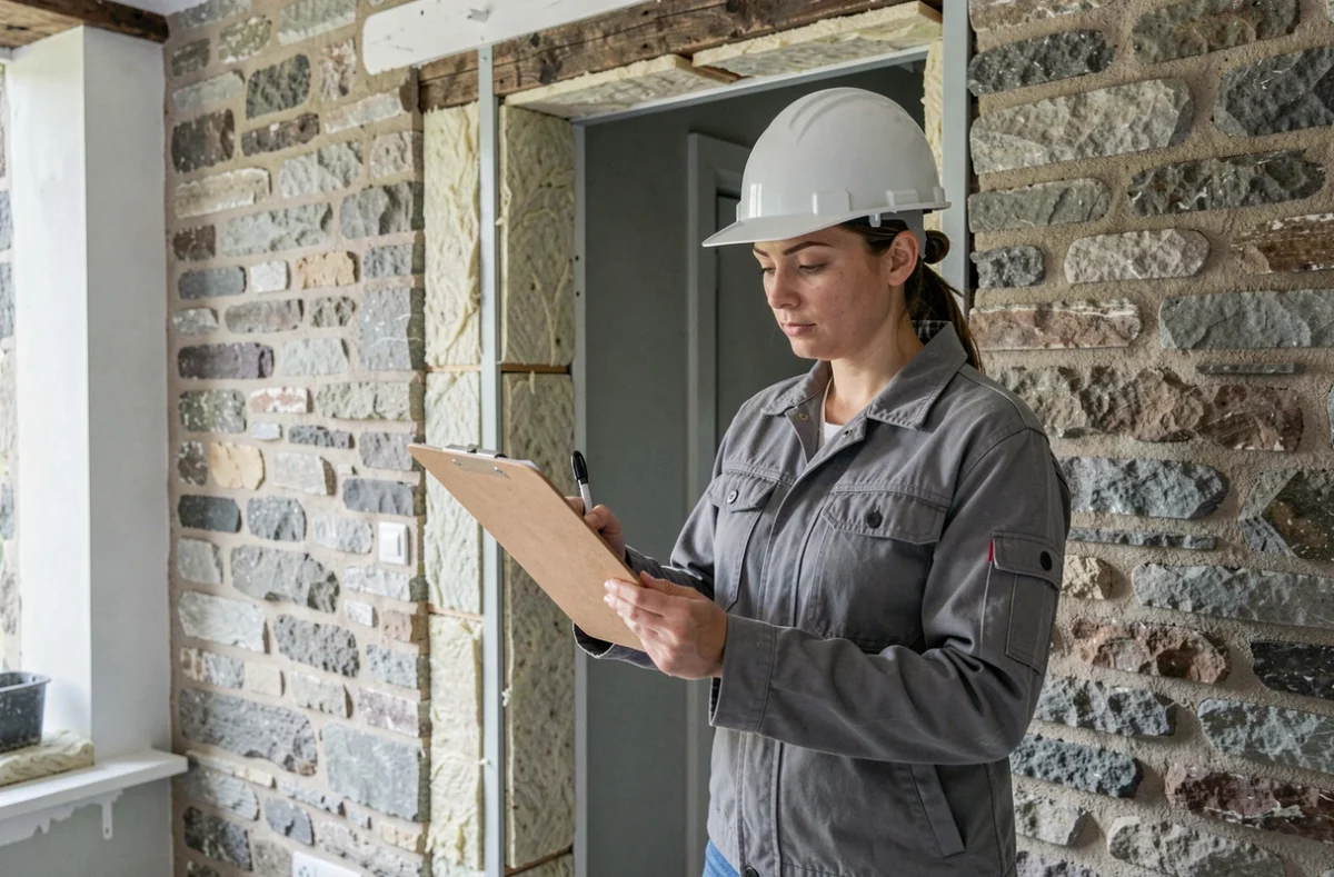 Spécialiste d'Isol 1 supervisant l'isolation d'une habitation en rénovation en Mayenne