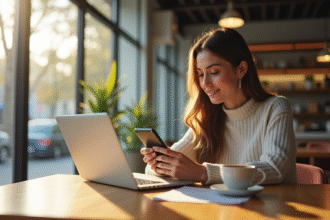 Jeune femme utilisant une application de traduction sur son smartphone dans un café lumineux