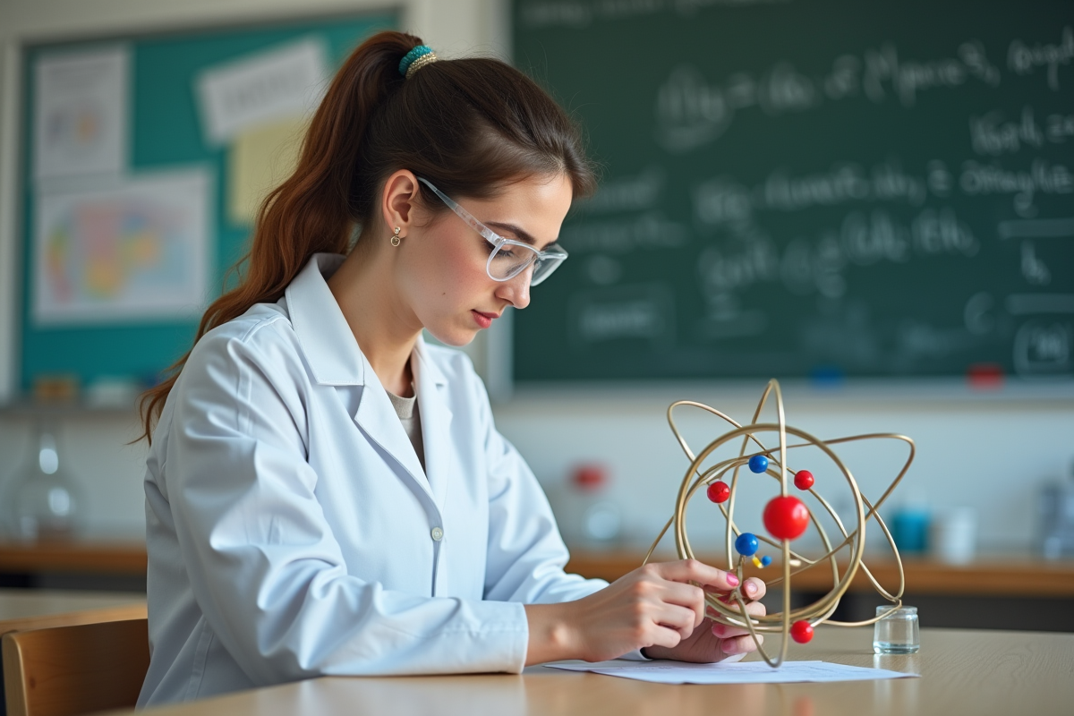 Jeune femme en blouse de laboratoire assemble un modèle atomique