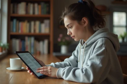 Jeune femme lisant manga sur tablette dans une cuisine