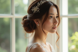 Jeune femme avec coiffure de mariée naturelle et fleurs