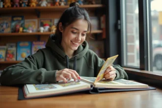 Jeune femme dans un café étudiant avec cartes Pokémon rares