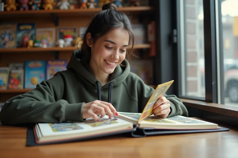 Jeune femme dans un café étudiant avec cartes Pokémon rares