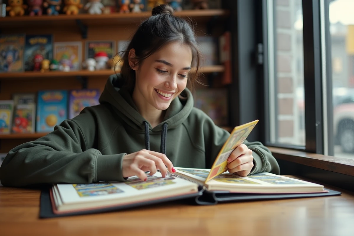 Jeune femme dans un café étudiant avec cartes Pokémon rares