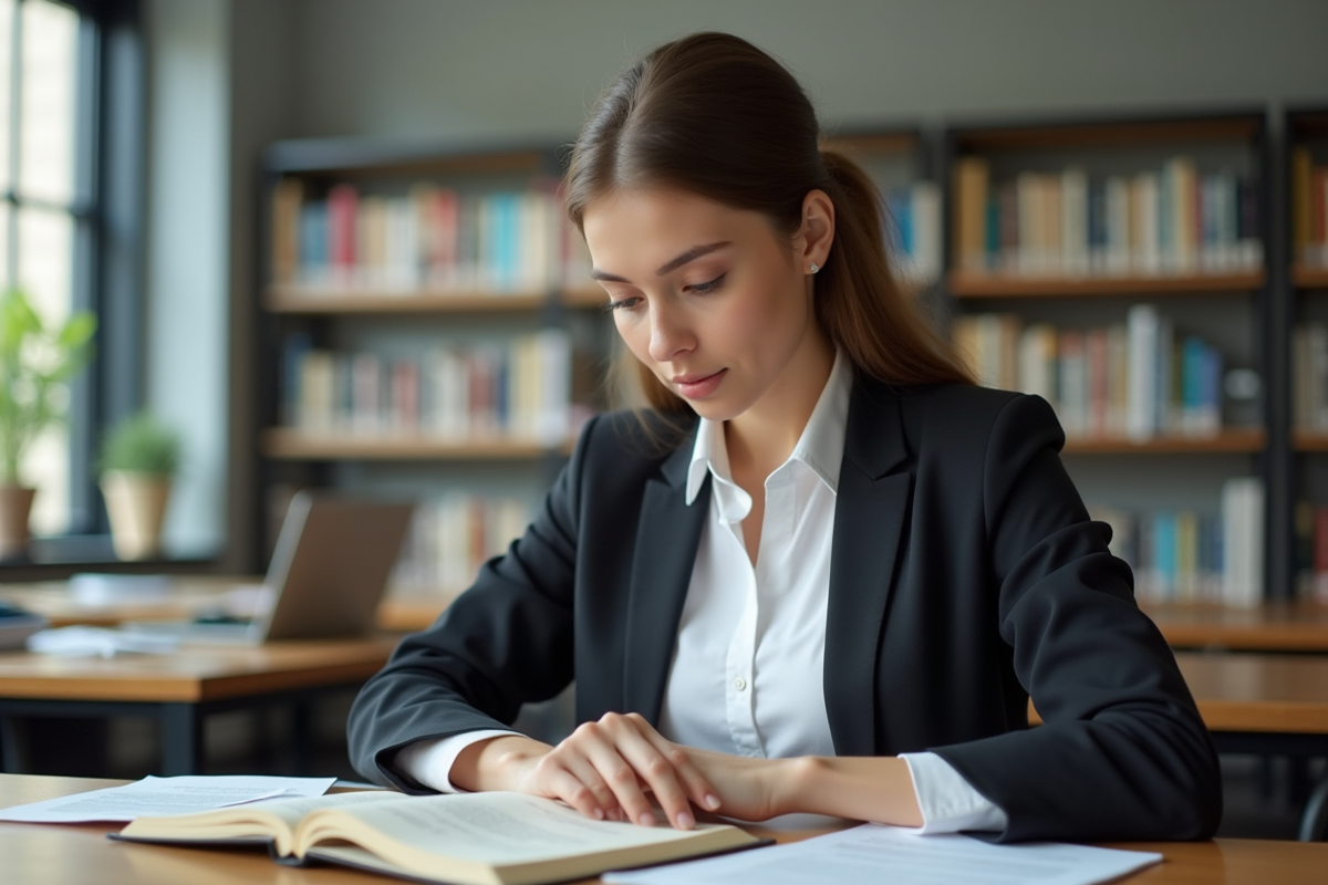 Jeune femme en classe universitaire étudiant la gestion financière