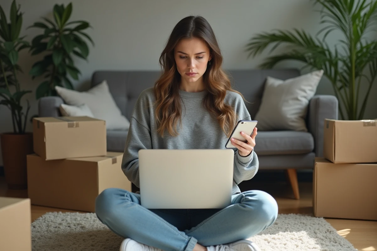 Jeune femme en streetwear avec ordinateur dans un salon