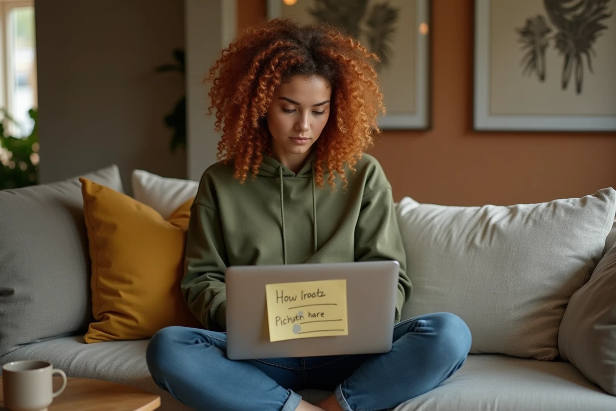 Jeune femme sur un canapé consultant une note manuscrite avec des raccourcis clavier pour écrire les majuscules accentuées comme le È