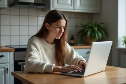 Jeune femme concentrée sur son ordinateur dans la cuisine