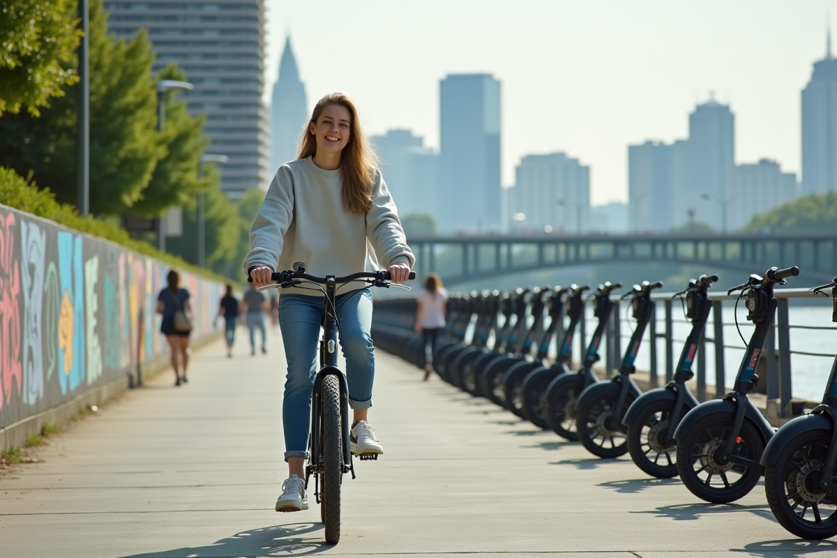 Jeune femme à vélo dans un parc urbain
