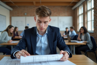 Jeune homme en blazer bleu examine des plans architecturaux