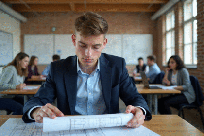 Jeune homme en blazer bleu examine des plans architecturaux