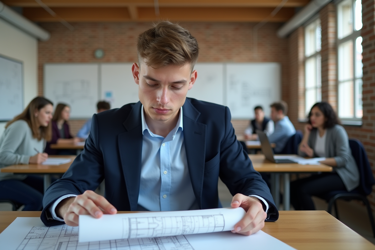 Jeune homme en blazer bleu examine des plans architecturaux