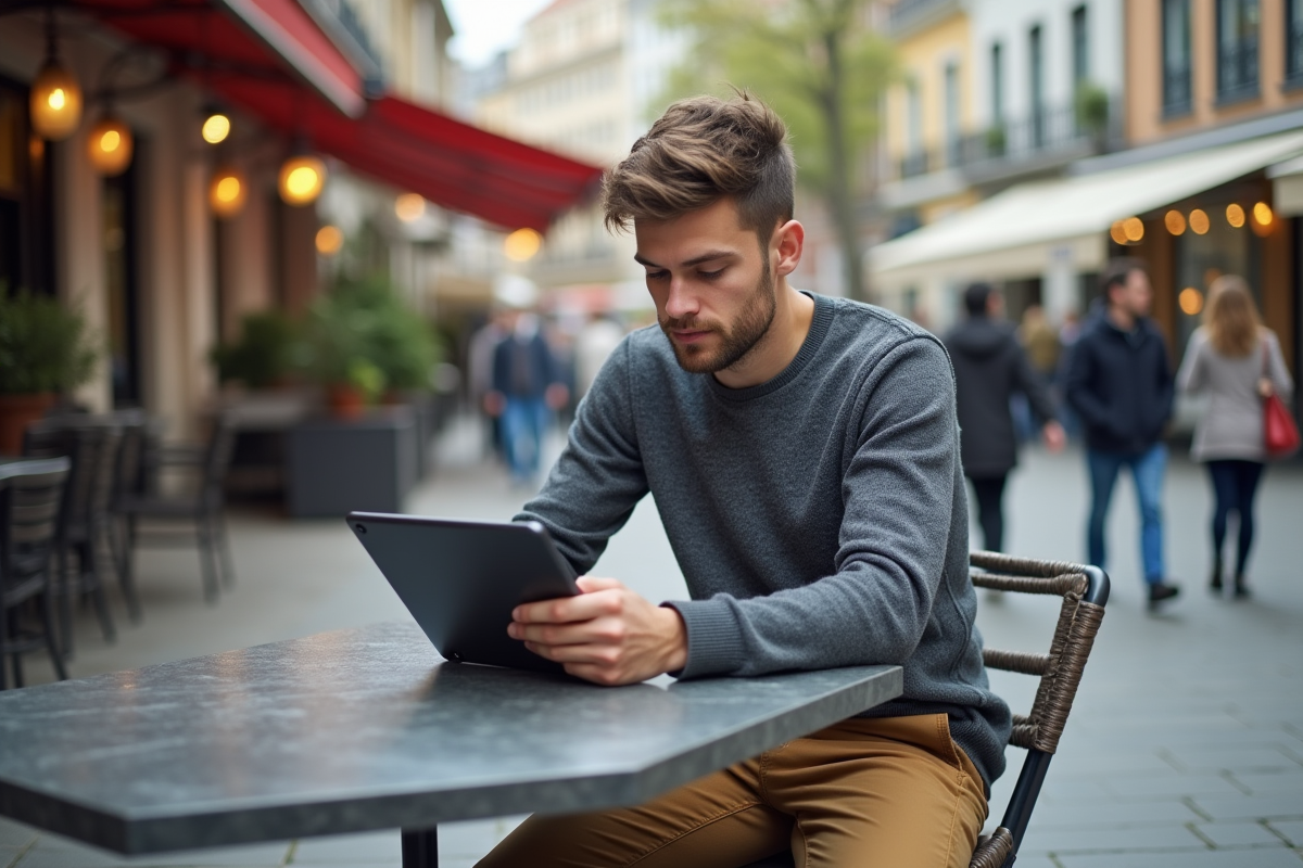 Jeune homme multitâchant sur une tablette en terrasse urbaine