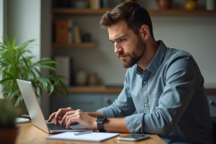 Jeune homme en cuisine analysant des graphiques financiers