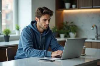 Jeune homme en hoodie bleu utilisant un ordinateur portable dans la cuisine