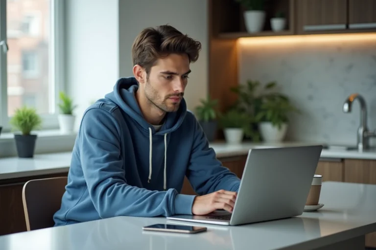 Jeune homme en hoodie bleu utilisant un ordinateur portable dans la cuisine