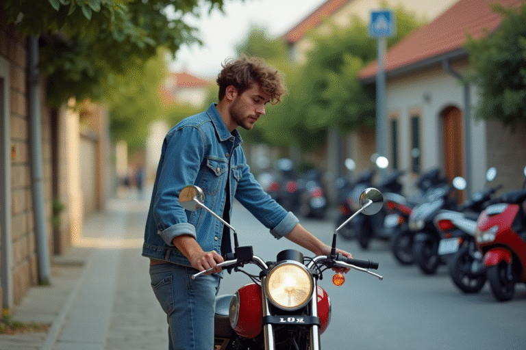 Jeune homme inspectant une moto Dax 50cc dans la rue
