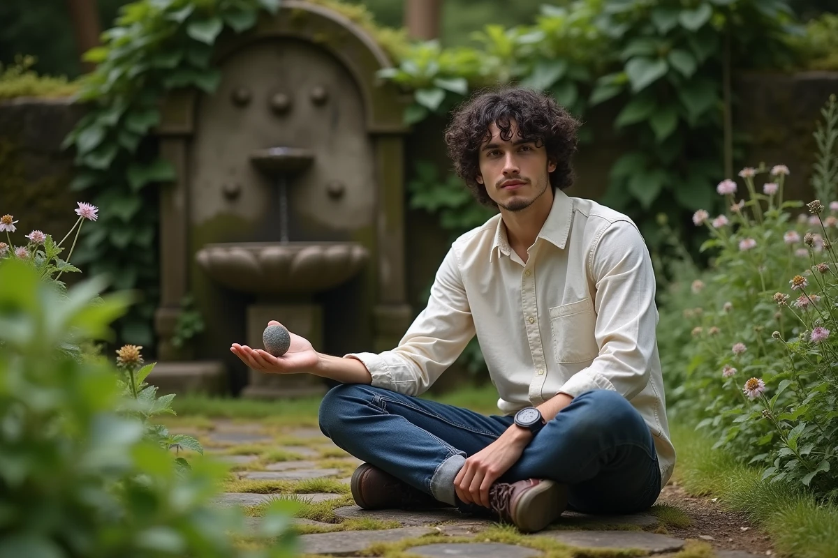 Jeune homme tenant une rune dans un jardin paisible