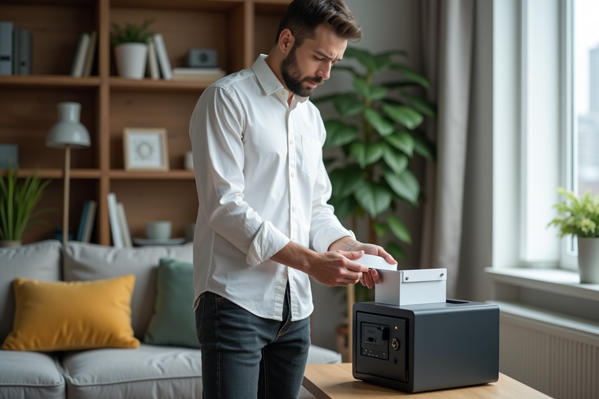 Jeune homme verrouillant un coffre numérique dans son salon
