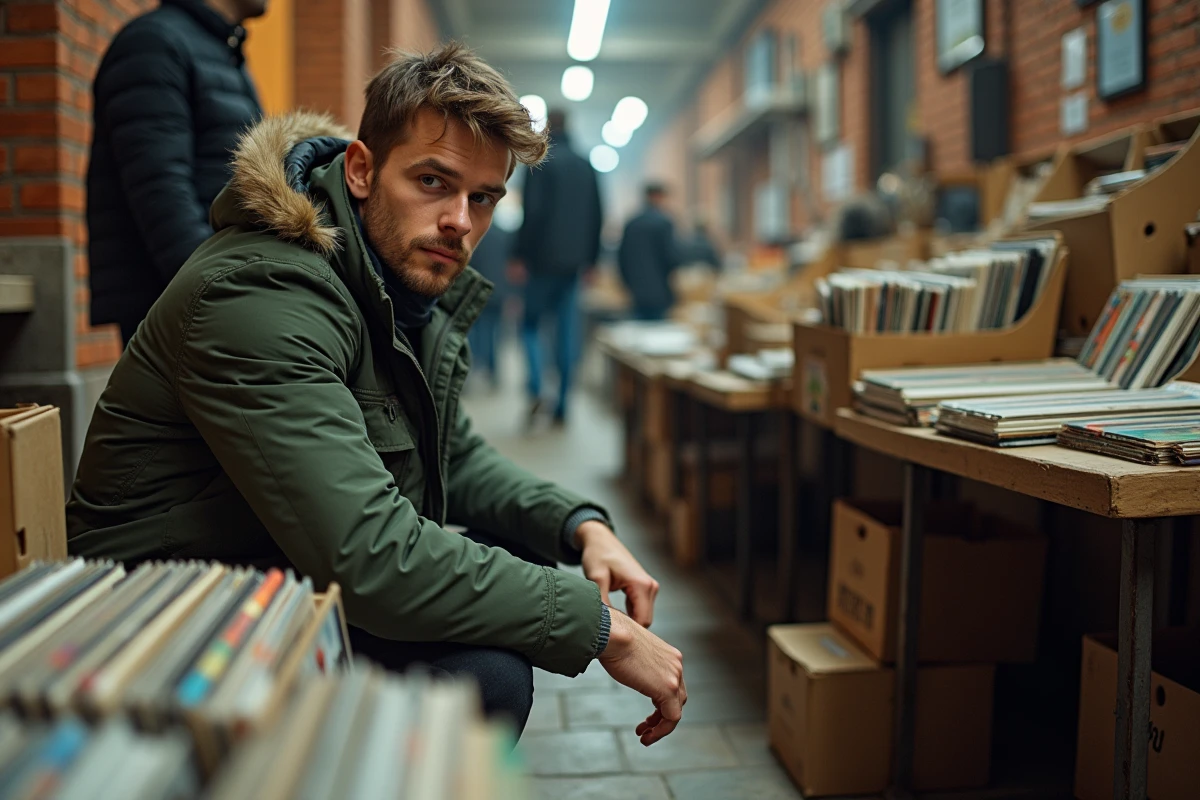 Jeune homme crouchant près de vinyles dans un marché aux puces