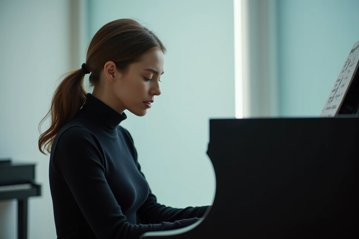 Jeune pianiste française en répétition au conservatoire moderne, yeux fermés en pleine expression musicale