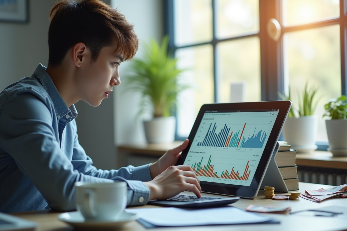 Jeune professionnel analysant des graphiques financiers avec billets et calculatrice