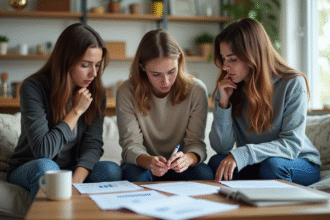 Trois jeunes adultes inquiets dans un salon moderne en train de revoir des documents financiers