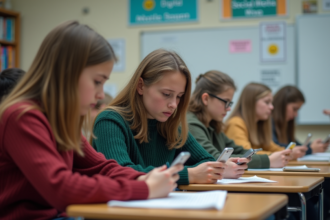 Groupe de lycéens en classe avec smartphones et tableau