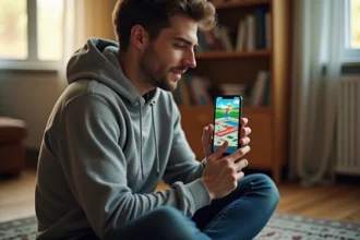 Homme jouant à un jeu de plateau style Monopoly sur smartphone en mode hors ligne dans un salon