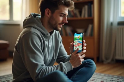 Homme jouant à un jeu de plateau style Monopoly sur smartphone en mode hors ligne dans un salon