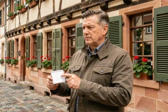 Homme tenant un calendrier devant une maison alsacienne à colombages, évoquant un jour férié spécifique en Alsace-Moselle