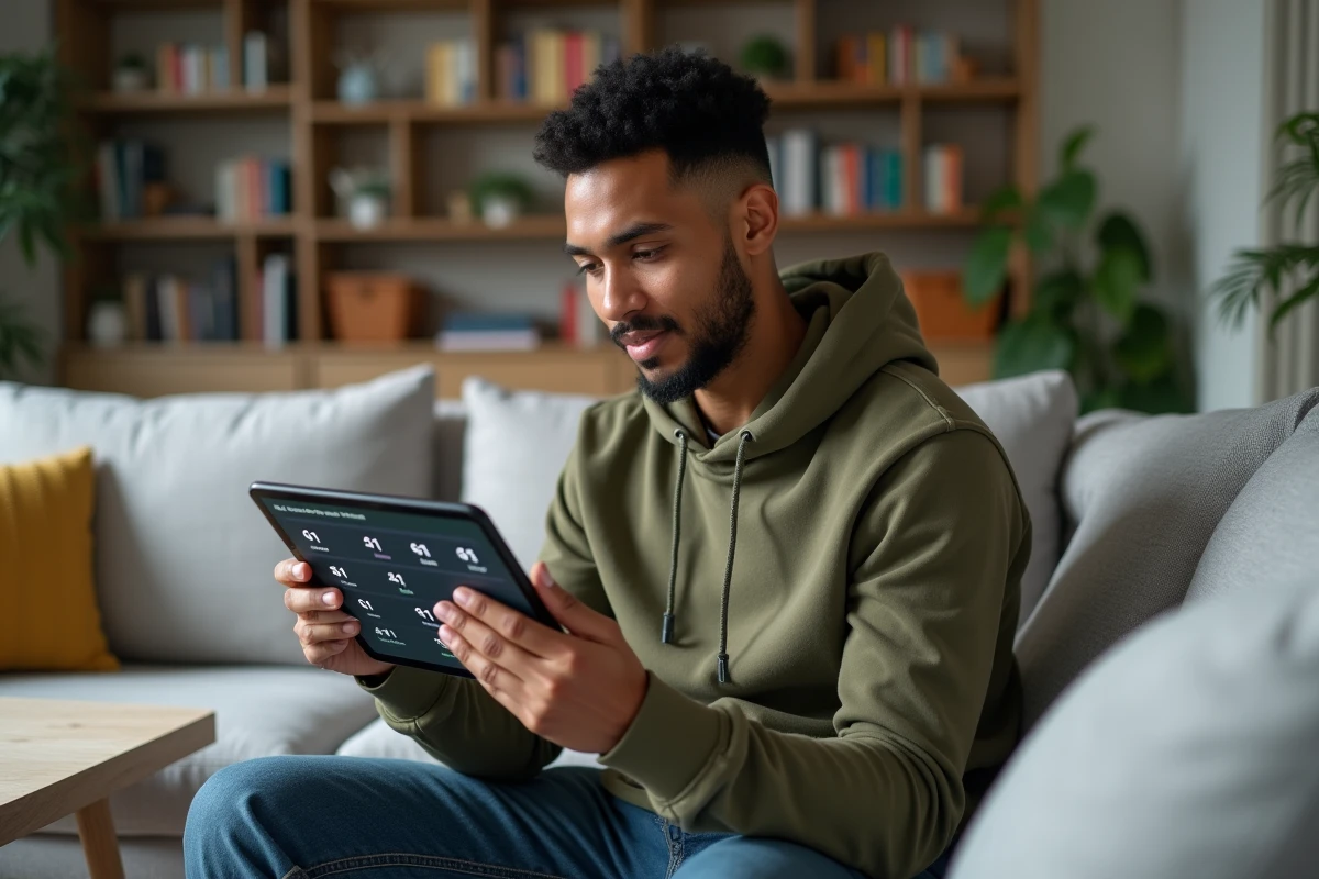 Personne consultant un journal d'appels bloqués avec le préfixe 41 sur une tablette dans un salon moderne