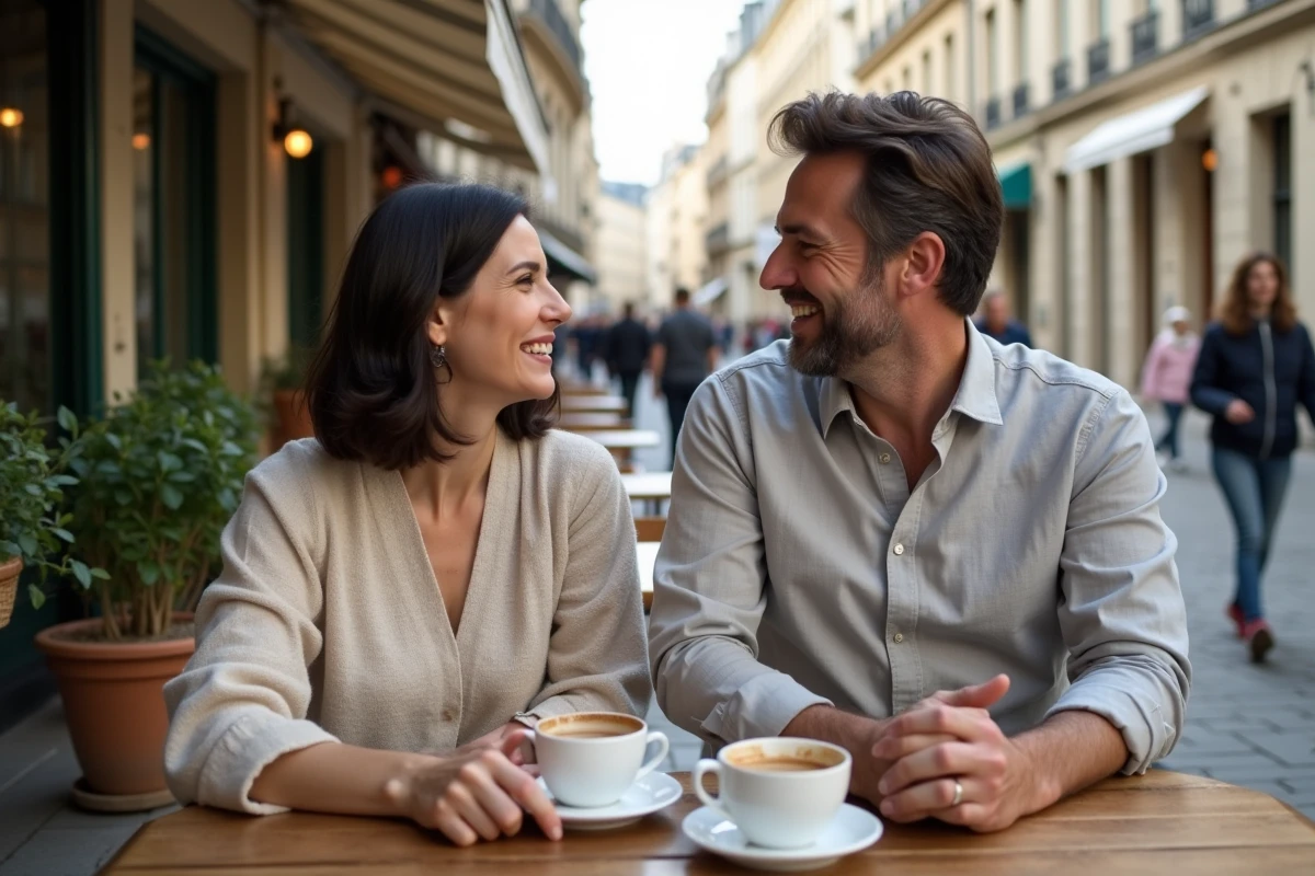 Couple assis en terrasse de café parisien dans une atmosphère détendue et authentique, illustrant la vie de couple d'une personnalité du monde du spectacle