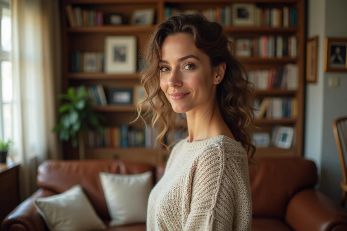 Portrait intime d'une femme actrice dans son intérieur cosy et chaleureux, évoquant la vie personnelle et privée de Juliette Plumecocq-Mech