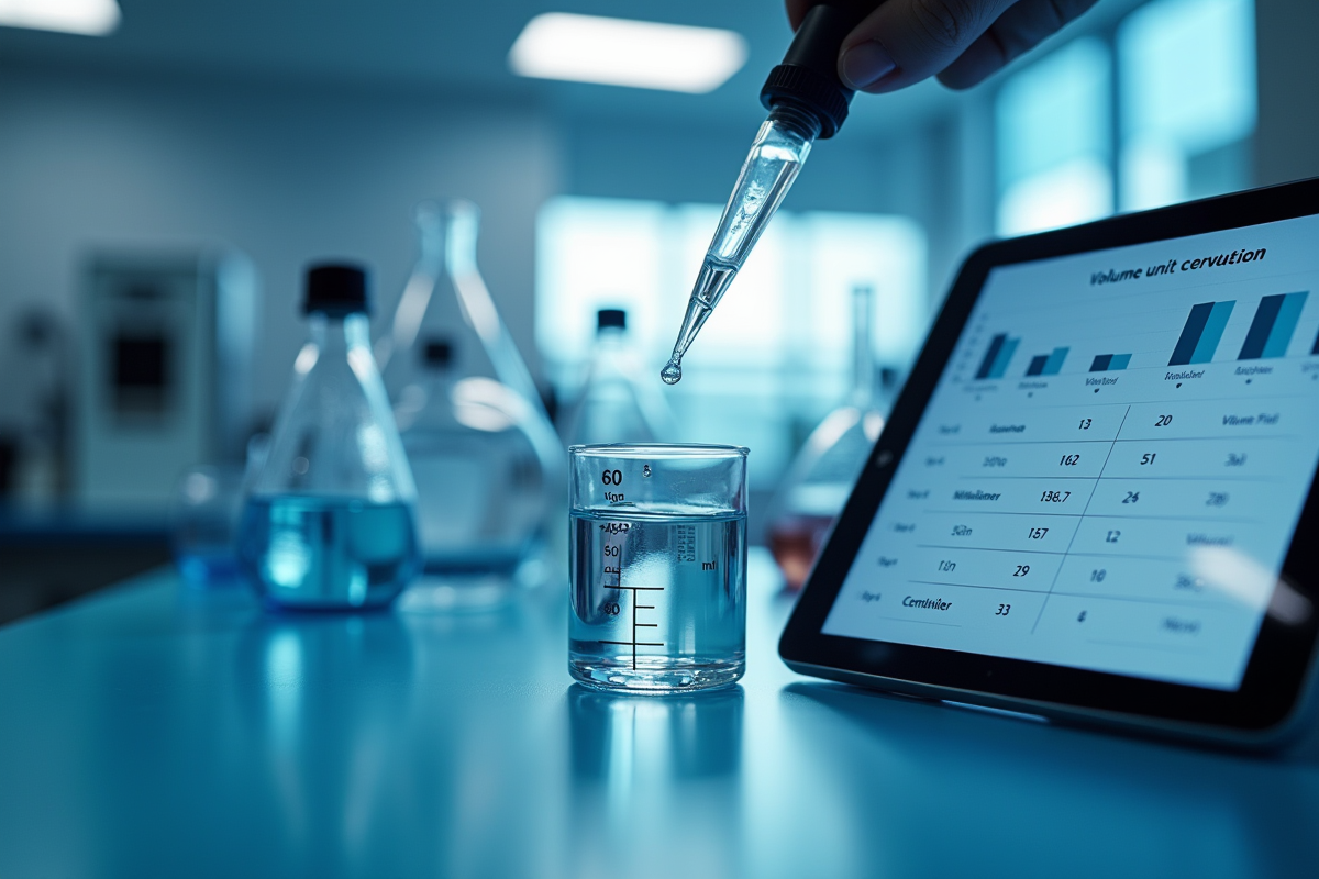 Pipette scientifique versant 60 ml dans un cylindre gradué moderne
