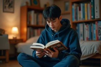 Jeune homme lisant un manga One Piece dans une chambre entourée de collections de mangas