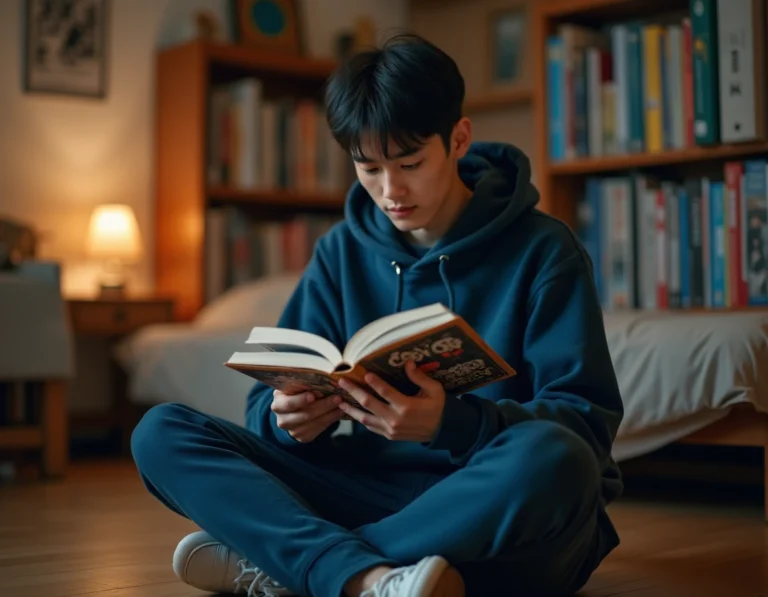 Jeune homme lisant un manga One Piece dans une chambre entourée de collections de mangas