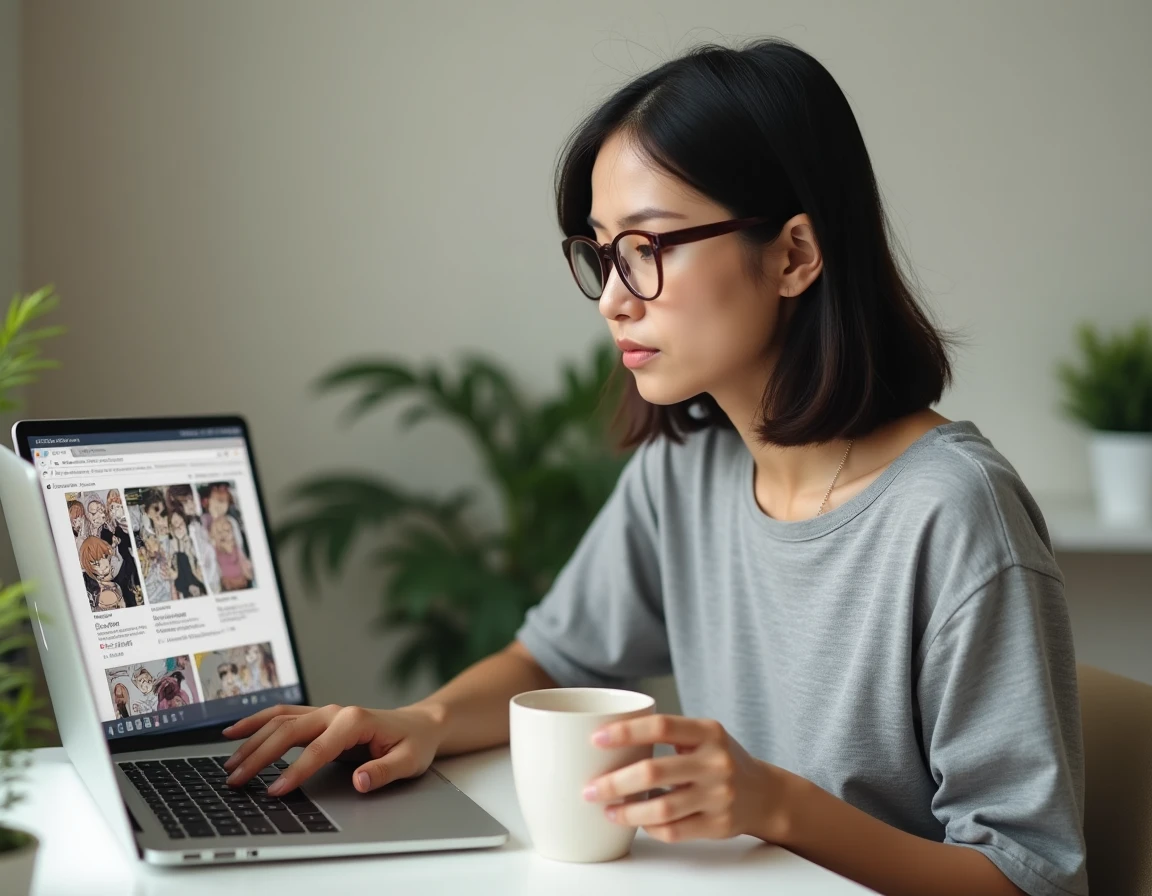 Femme lisant le scan One Piece en français sur son ordinateur portable dans un bureau minimaliste