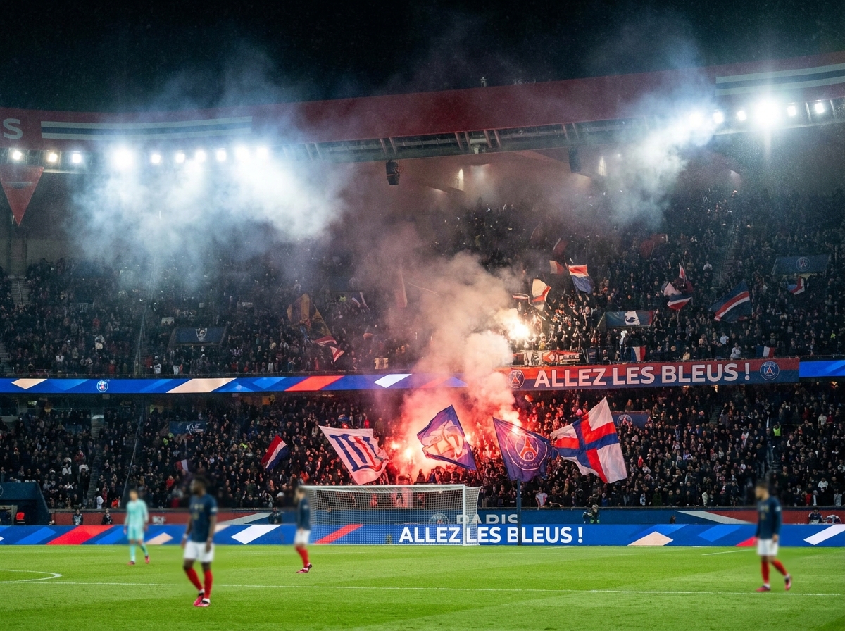 Les tribunes d’un stade de football éclairées un soir de match, vues depuis le bord de la pelouse