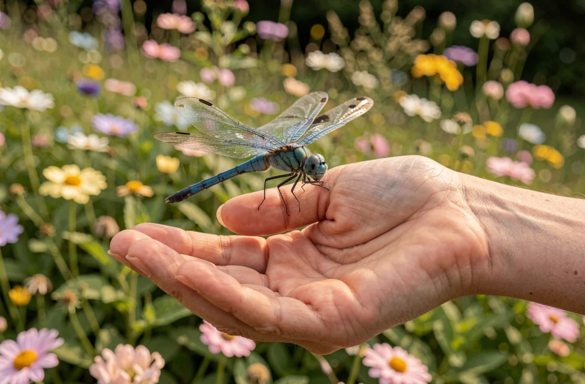 Main de femme tenant une libellule bleue dans un jardin, symbolisant la connexion spirituelle et la protection