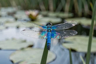 Libellule bleue posée sur un roseau au bord d'un étang, symbole de protection et de sérénité dans la nature