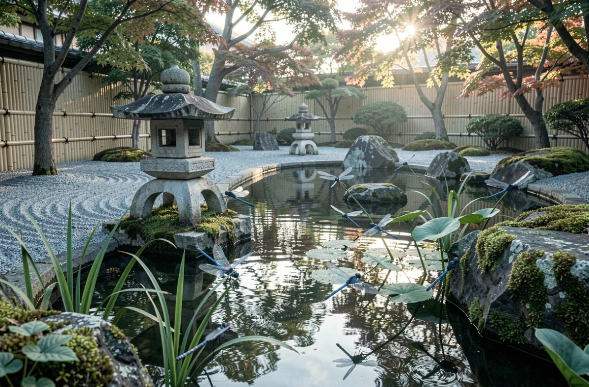 Jardin japonais avec libellules bleues autour d'une lanterne en pierre, évoquant la protection spirituelle et la paix intérieure