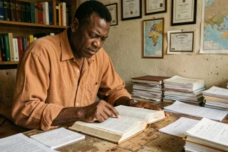 Linguiste africain décryptant le mot kayakobémé dans un bureau universitaire entouré de dictionnaires et notes manuscrites