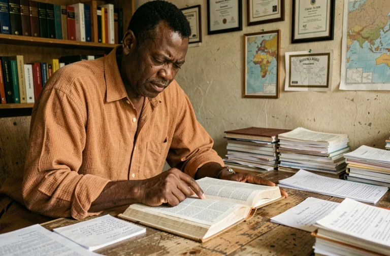 Linguiste africain décryptant le mot kayakobémé dans un bureau universitaire entouré de dictionnaires et notes manuscrites